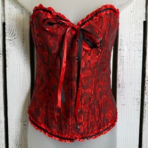 Red Black Lace Corset Bustier Top Size M Ribbon Coquette Goth Romantic Festival